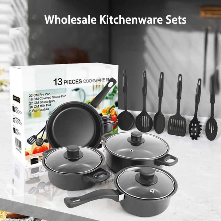 بيع بالجملة الأواني والمقالي 13 طقم غير لاصق . Wholesale Pots and Pans 13 Set Non