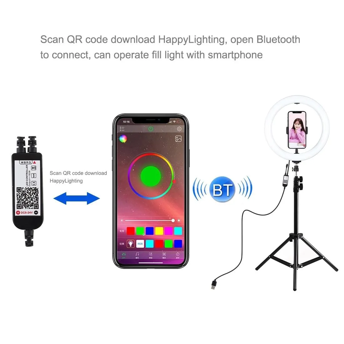 10.2 Rgbw Led Ring Light Kit with 1.1m Tripod Remote Ball Head and Phone Clamp