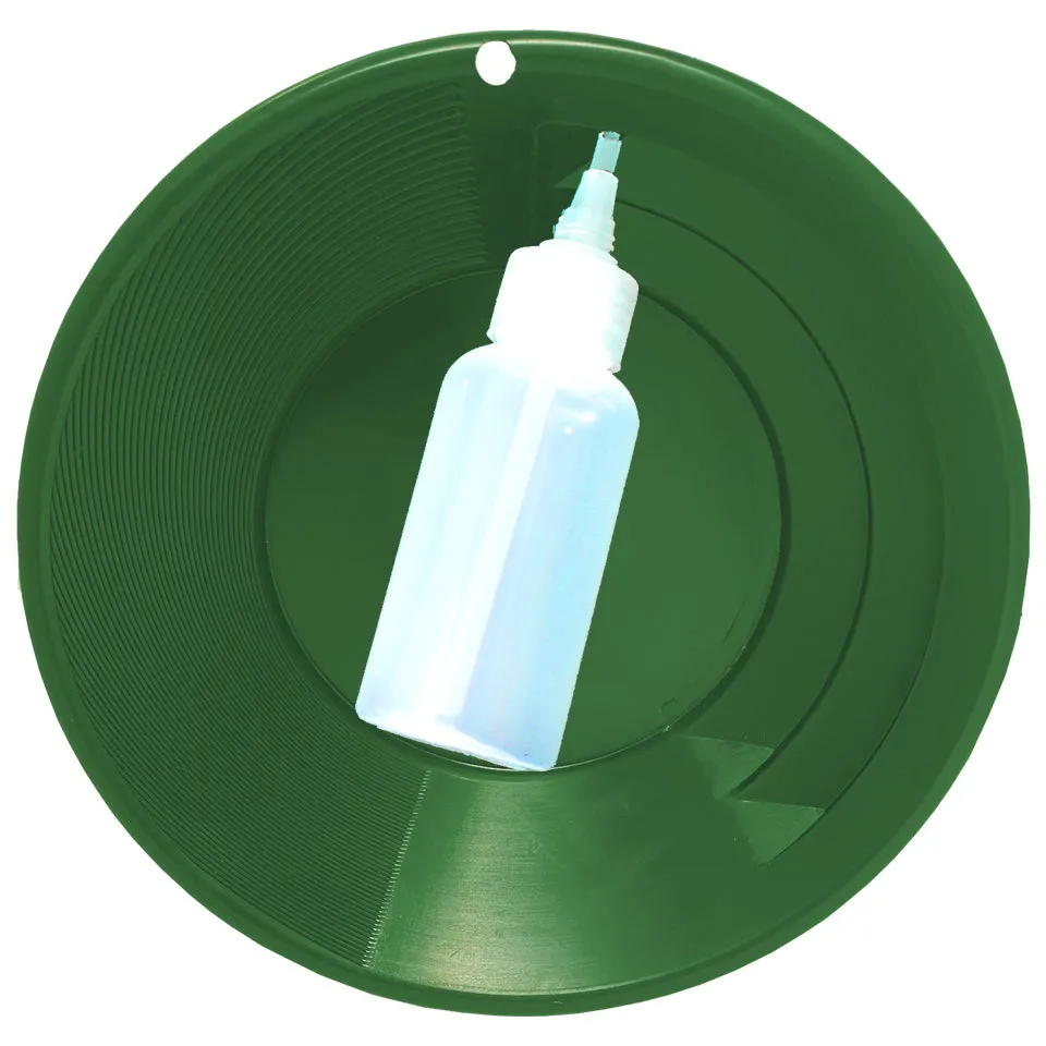 2-Pack Gold Panning Starter Kit  Featuring Compact 9-Inch Green Vanishing Riffle Gold Pans and a 4-ounce Snifter Bottle for Prospecting Adventures