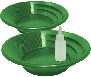 2-Pack Gold Panning Starter Kit  Featuring Compact 9-Inch Green Vanishing Riffle Gold Pans and a 4-ounce Snifter Bottle for Prospecting Adventures