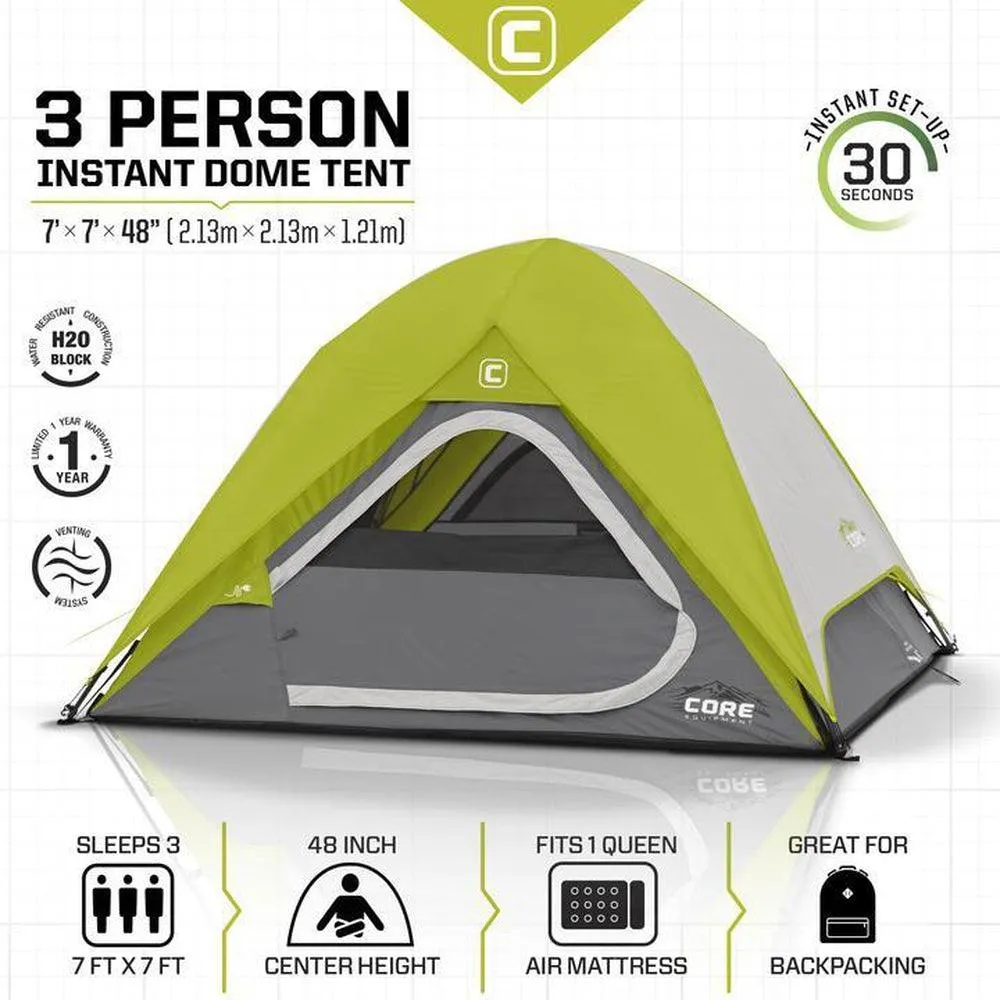 CORE EQUIPMENT 3 Person Instant Dome Tent - Grey/Green