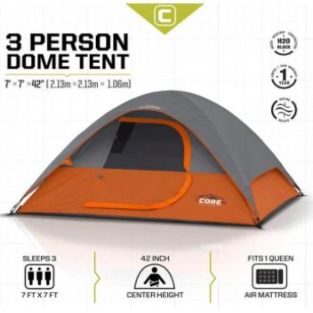 CORE EQUIPMENT 3 Persons Instant Dome Tent - Grey/Orange