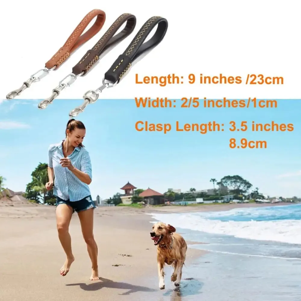 Genuine Leather Durable Comfortable Padded Handle Rustproof Hook Short Dog Leash