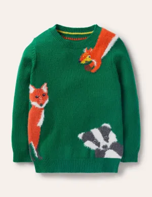 Graphic Crew Jumper-Forest Green Woodland Animals