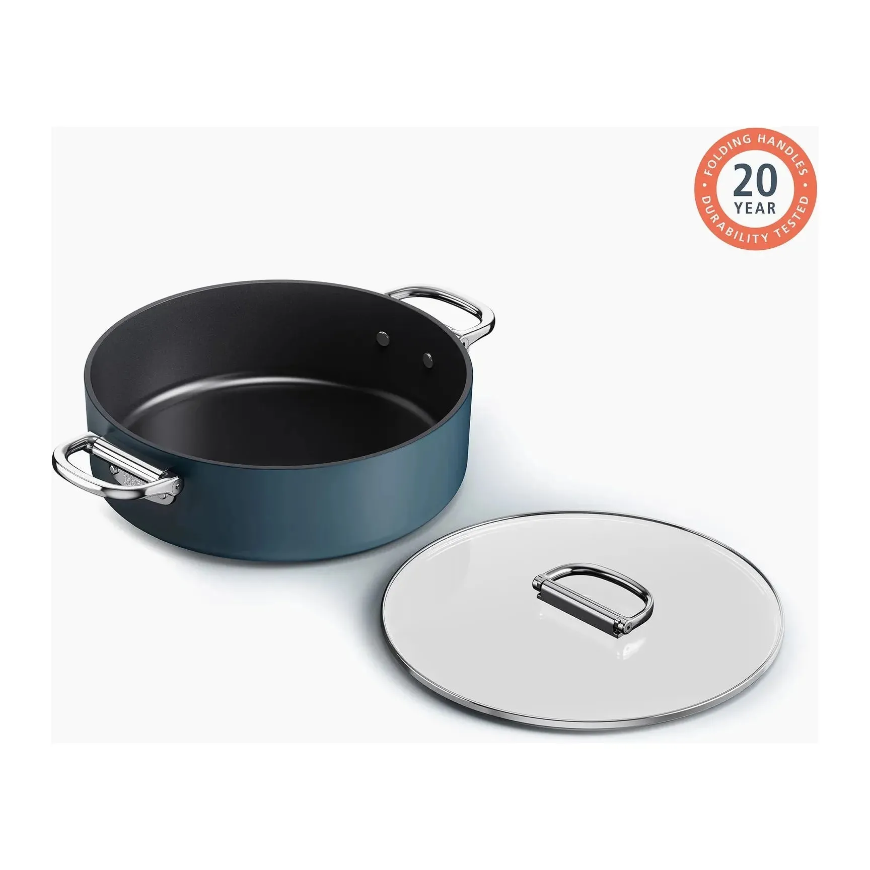 Space Folding Handle Ceramic Non-stick Blue Shallow Casserole Pan & Lid 5 Qt.