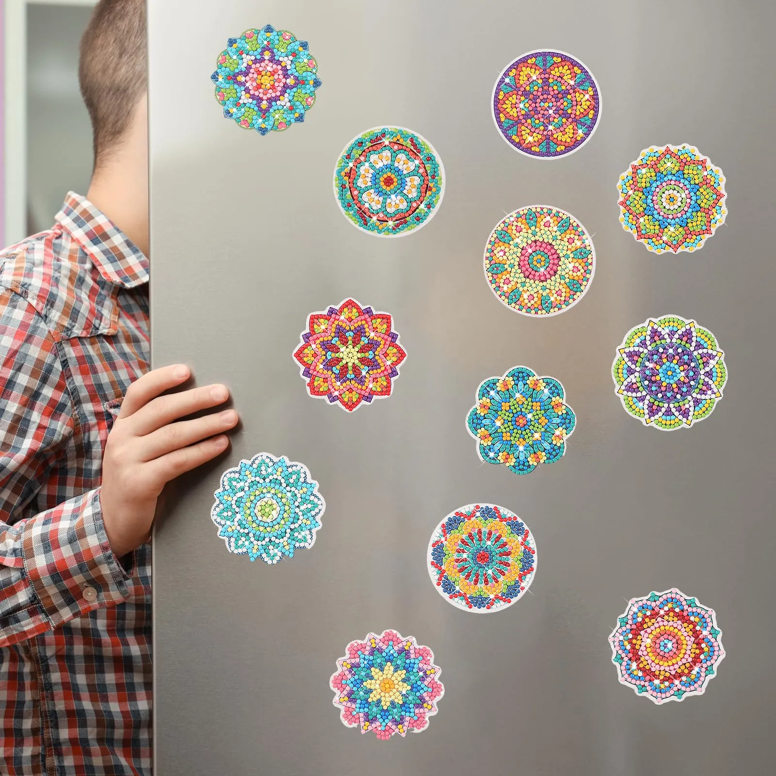 Umigy 24 Pcs Mandala Refrigerator Diamond Painting Magnets Set Diamond Painting Mandala Fridge Magnets 5D Diamond Art for Adults Kids DIY Home Decor Gift Office Cabinet Refrigerator Whiteboard Photo