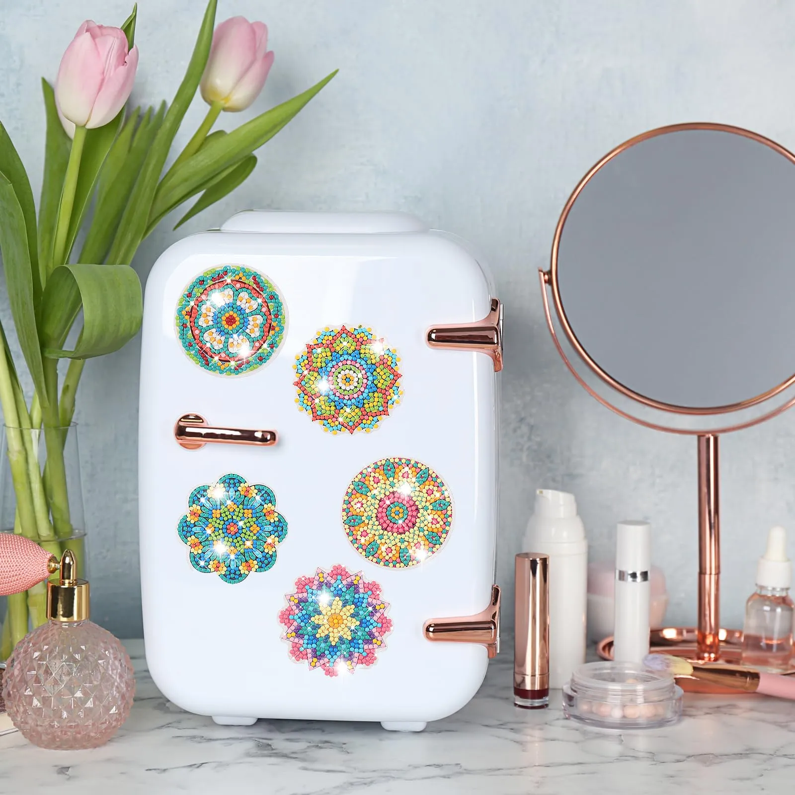Umigy 24 Pcs Mandala Refrigerator Diamond Painting Magnets Set Diamond Painting Mandala Fridge Magnets 5D Diamond Art for Adults Kids DIY Home Decor Gift Office Cabinet Refrigerator Whiteboard Photo
